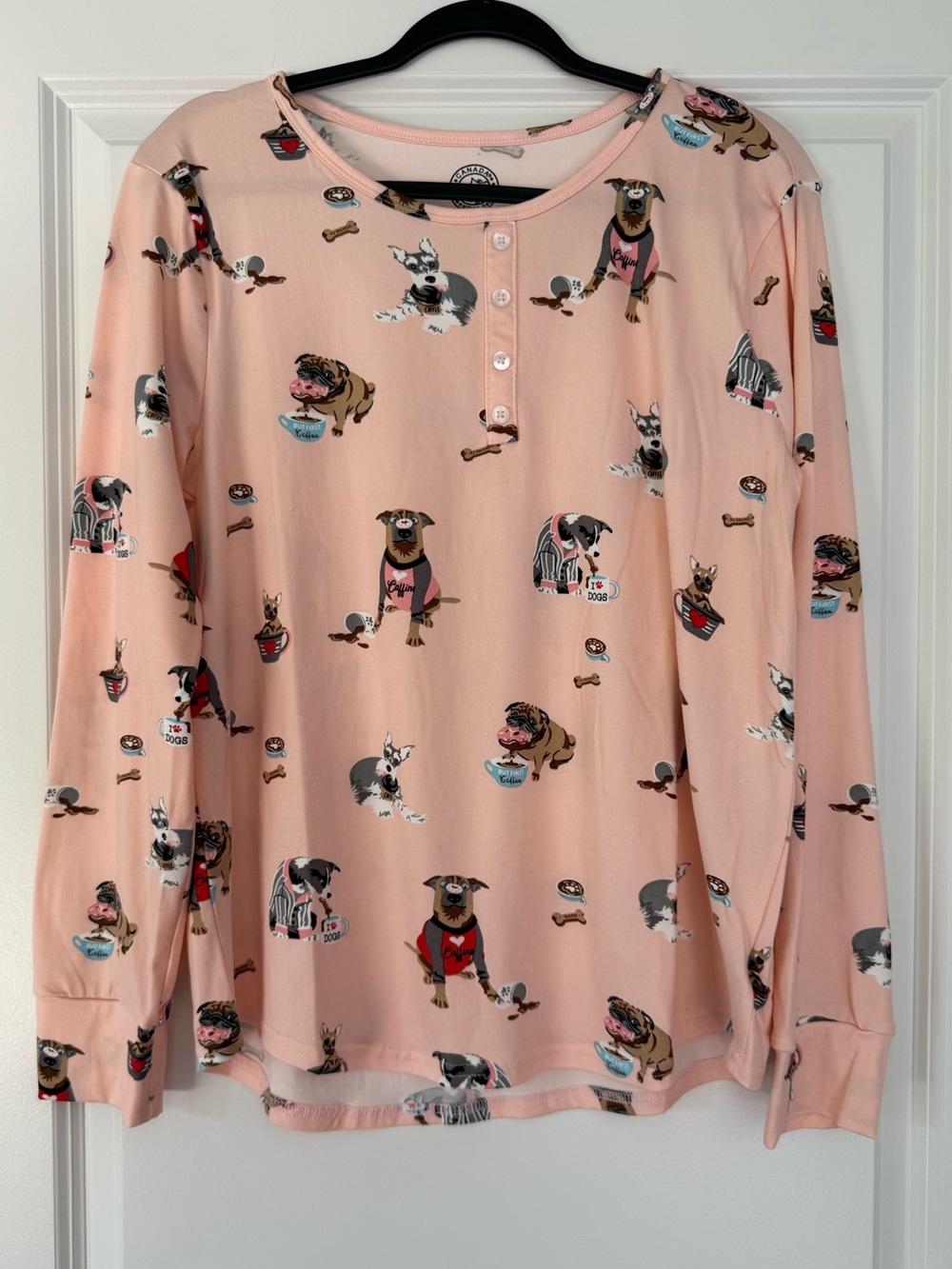 Women's Long Sleeve Pink Dog Print Henley Tee